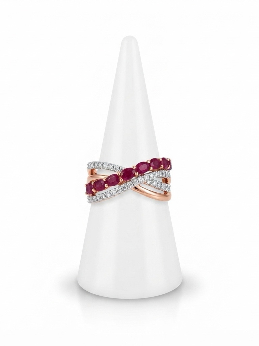 Rose Gold Ruby and Diamond Cross Over Ring   Stamped  925 - INDIA